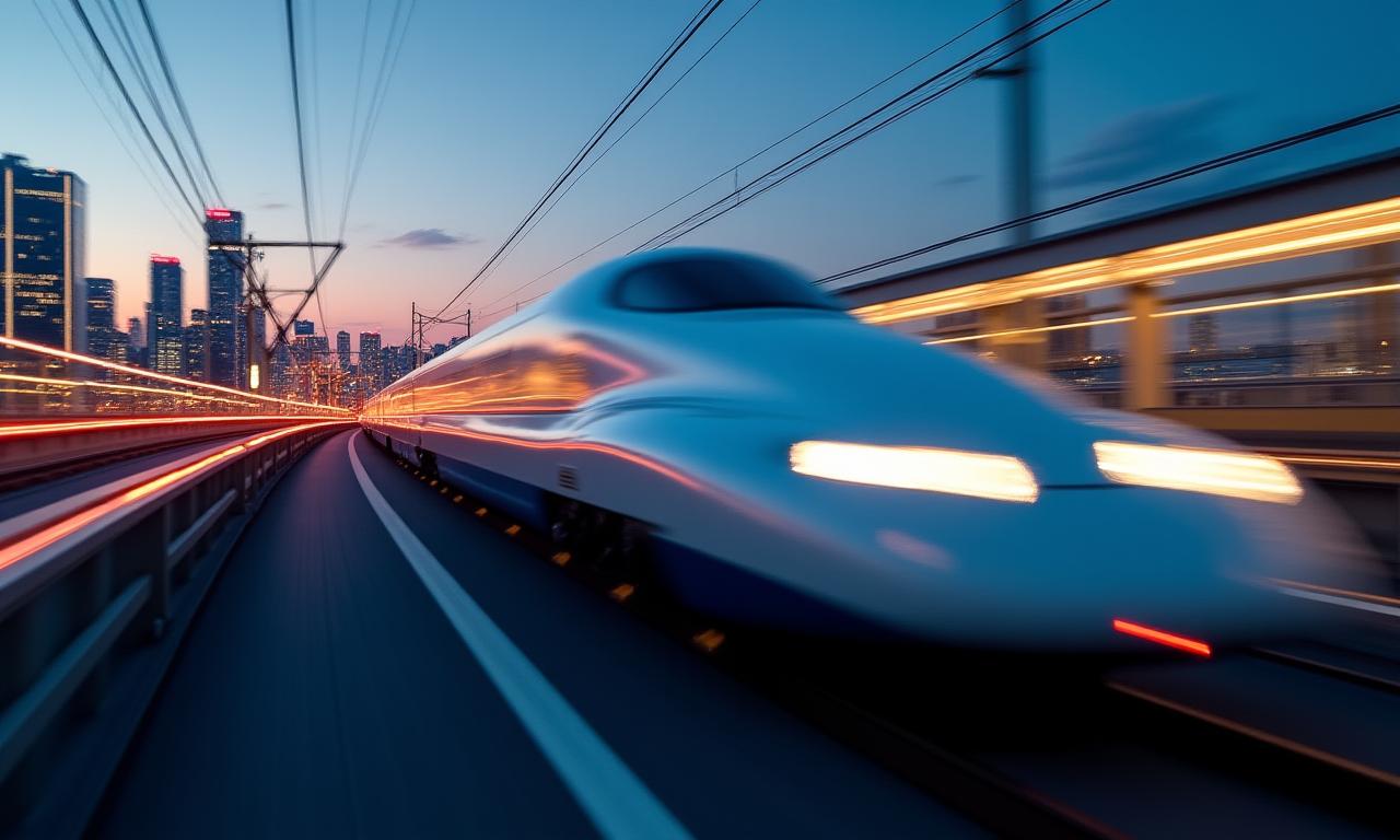 日本の電車が夕暮れの都市を高速で走行している様子