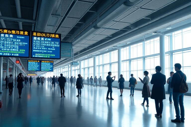  modern train station with multiple digital display boards and people looking at their phones for real-time updates
